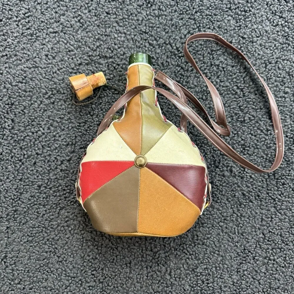 Vintage Patch Leather Wrapped Glass Bota Canteen Bottle 11” Wood Cork